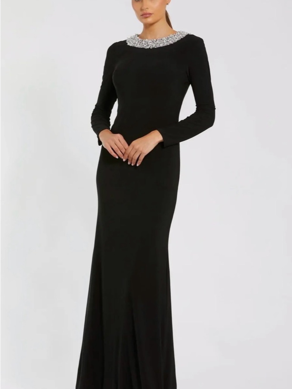 Beaded Collar Black Long-Sleeve Evening Dress